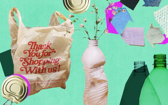 A plastic bag, some plastic bottles, aluminum can tops and a recycling symbol in front of a green background