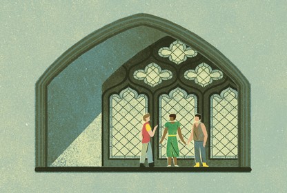 An illustration of two men and one woman standing in a light beam that streams in from a church window