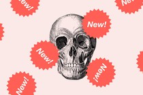 A skull surrounded by stickers that say "New!"