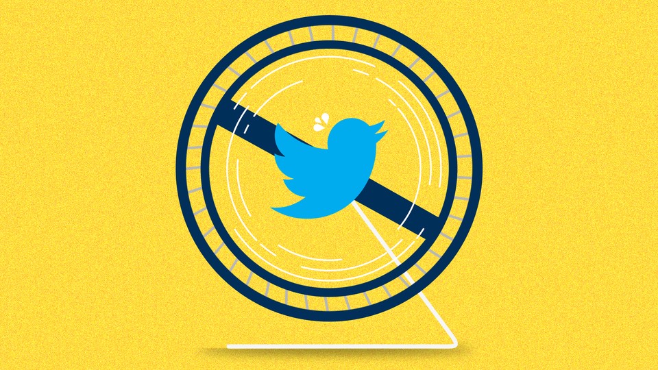 The Twitter logo in the middle of a hamster wheel