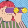 An illustration of a person looking through binoculars with smiley-face lenses