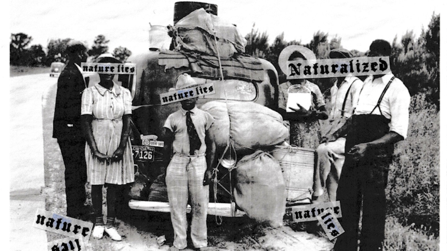 a photo of an African American family, their faces covered by the worsd "naturalized" and "nature lies"