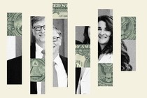 A fragmented photo of Bill and Melinda Gates, superimposed with fragments of money