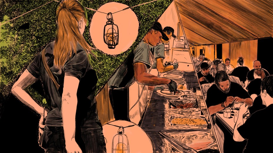 illustration of people eating in a tent