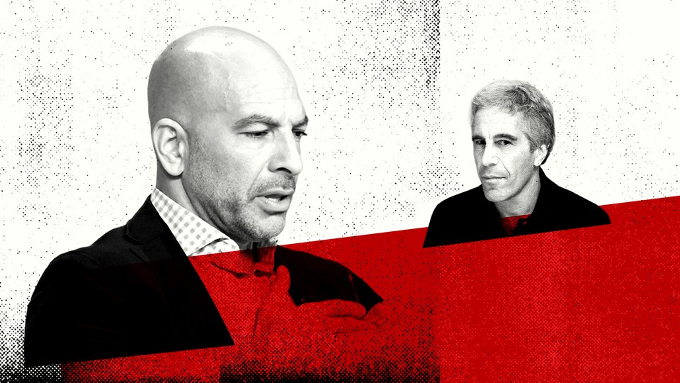 Photo collage of Peter Attia and Jeffrey Epstein in shades of black, white, and red.