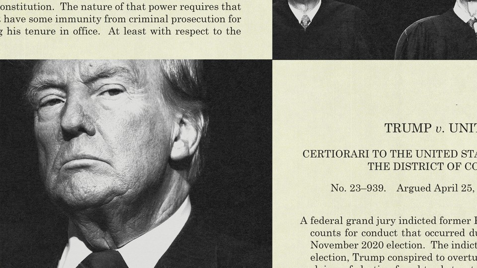 A collage of Donald Trump and snippets of text from the Supreme Court ruling in Trump v. United States