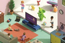 An illustration of children sitting around a television