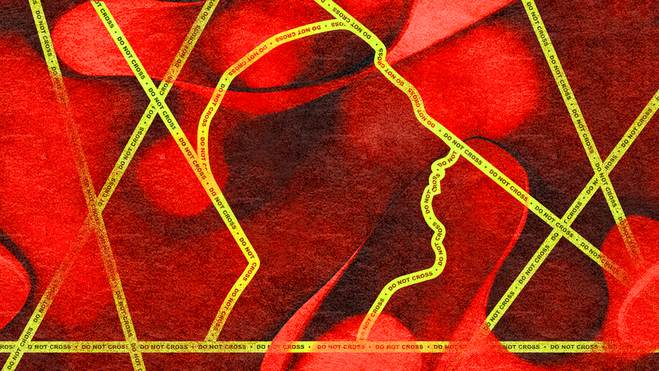 Silhouette of a man's head in profile outlined in "DO NOT CROSS" tape