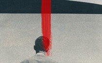 The back of a man in a black-and-white landscape overlaid with a single red paint stroke