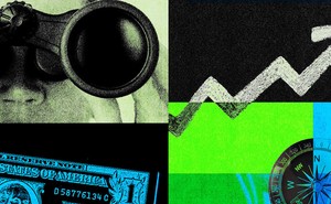 a collage of money, a stopwatch and a zig zag line upward