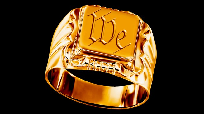 Illustration of a gold ring with "We" inscribed.