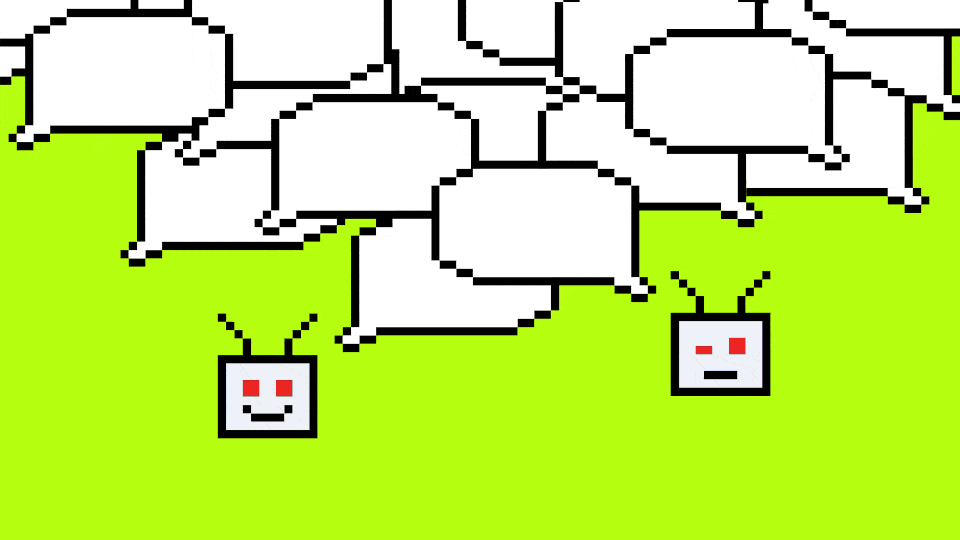 Pixel-art illustration of a bright-green background filled with overlapping white speech bubbles. Two small, square, robot-like faces sit near the bottom, one smiling, one straight-faced, both with red eyes and thin antennae, suggesting contrasting reactions beneath a flood of messages.