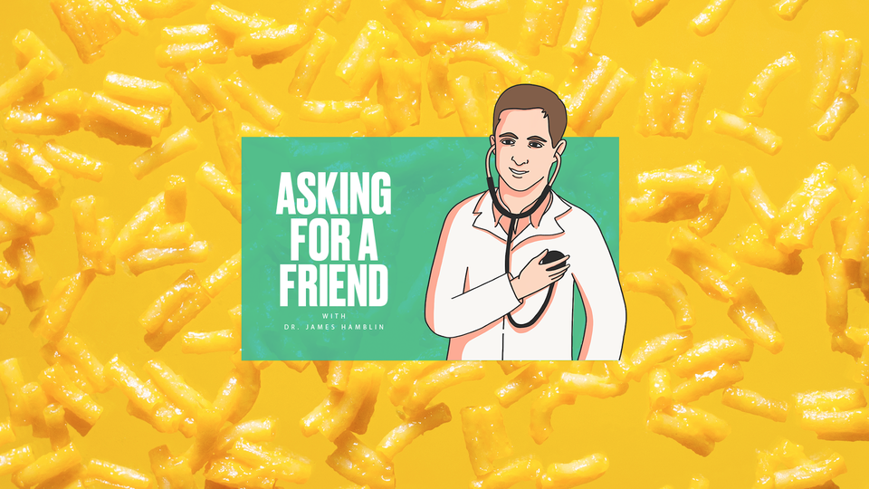 The "Asking for a Friend" logo against a background of macaroni and cheese