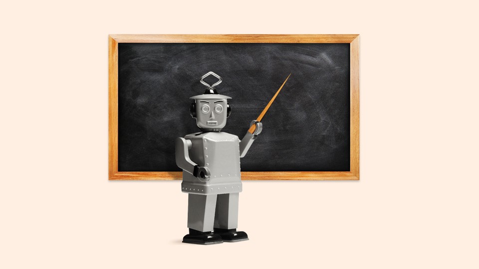 A robot holding a pointer before a blackboard