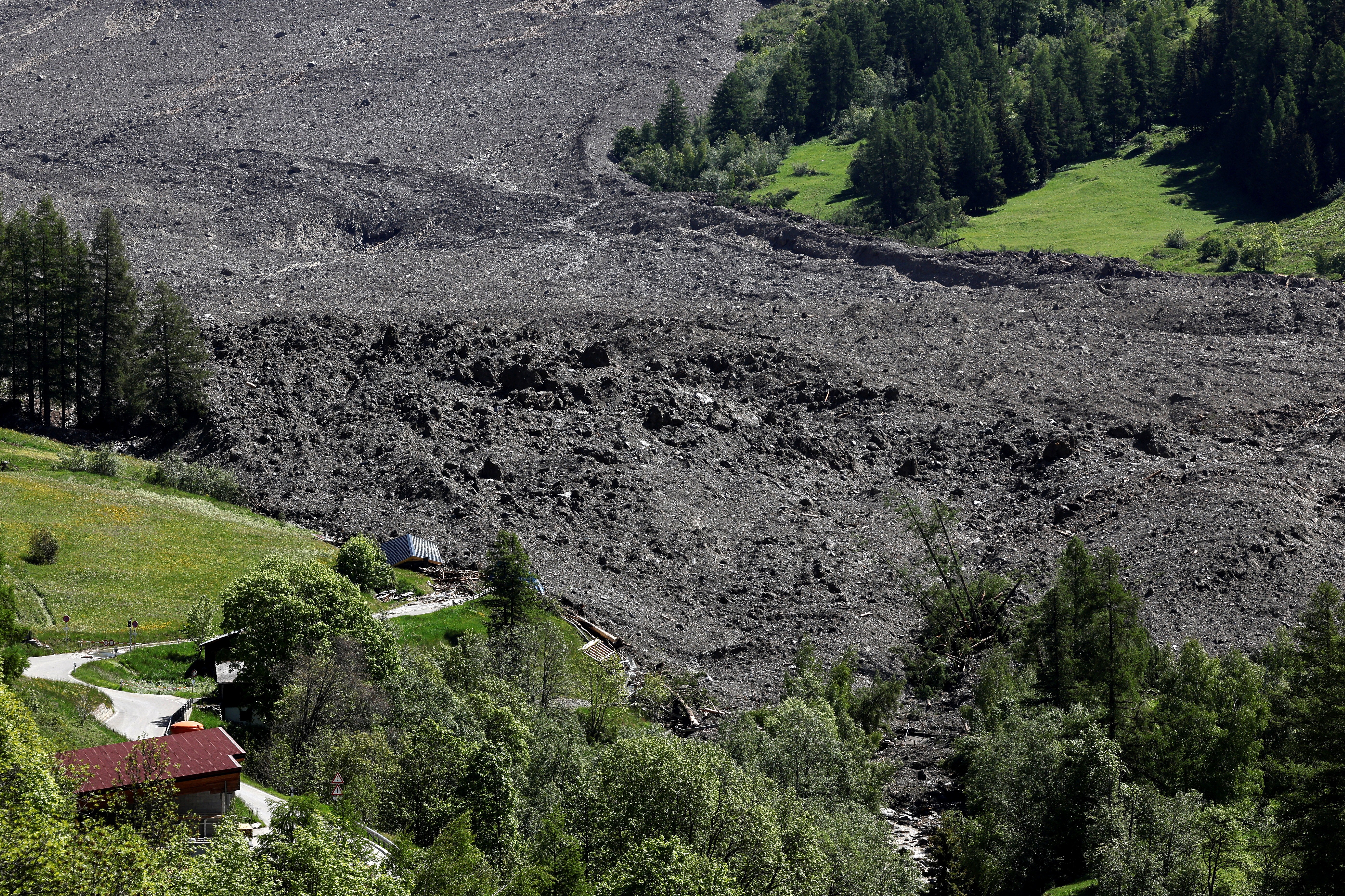 The path of a landslide, filled with rocky debris