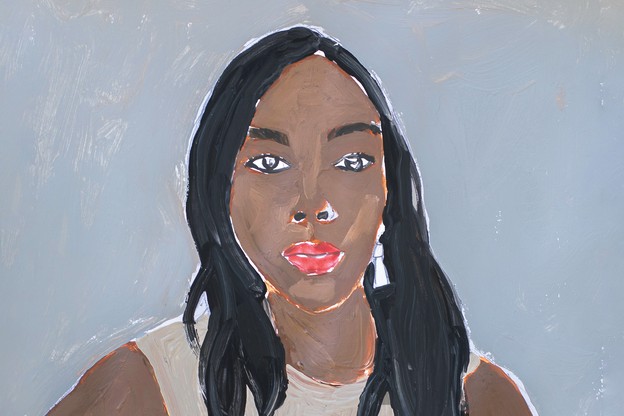 painted portrait of woman with red lipstick on gray background