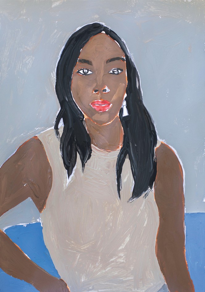 painted portrait of a Black woman with red lipstick on gray background