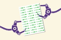 Illustration of robotic hands holding Scantron tests
