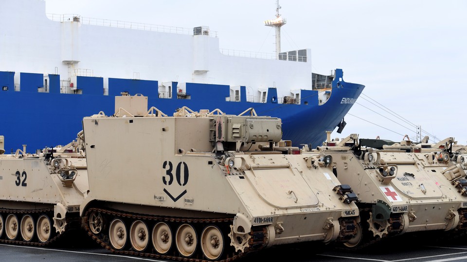 U.S. tanks and other military equipment being unloaded in the German port of Bremerhaven