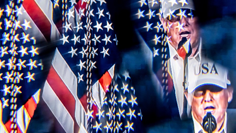 Trump in USA white baseball camp and American flags