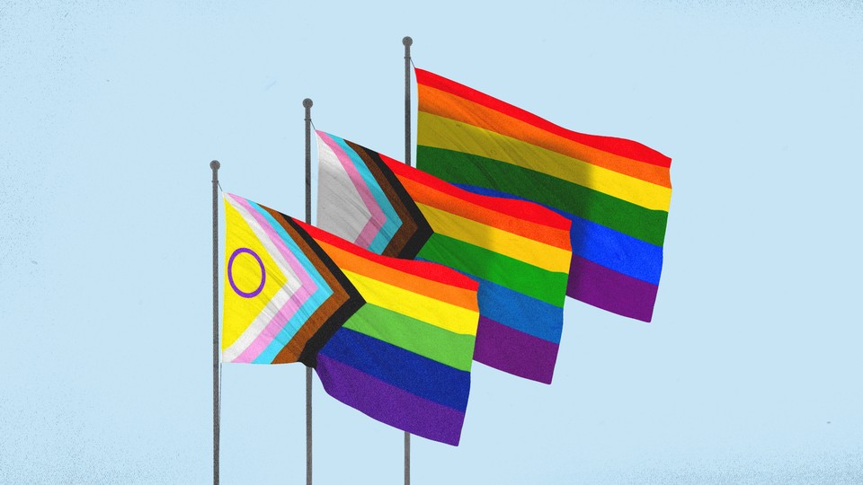 A graphic of three different versions of the Pride flag flying together against a light-blue backdrop