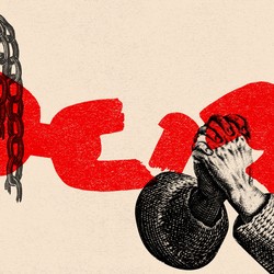 An illustration of praying hands and chains.