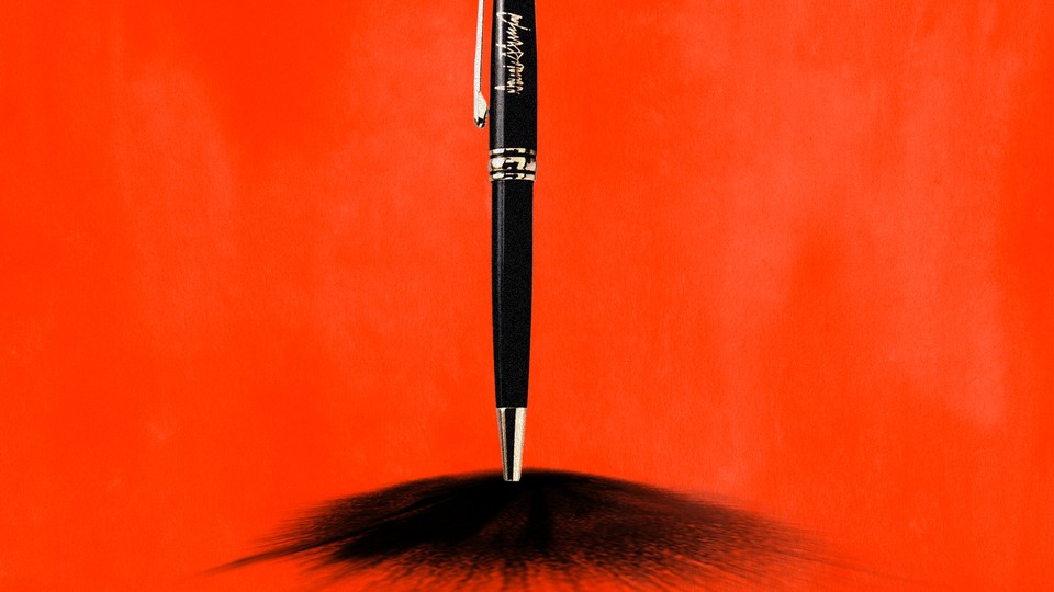 An illustration of a pen hitting paper.