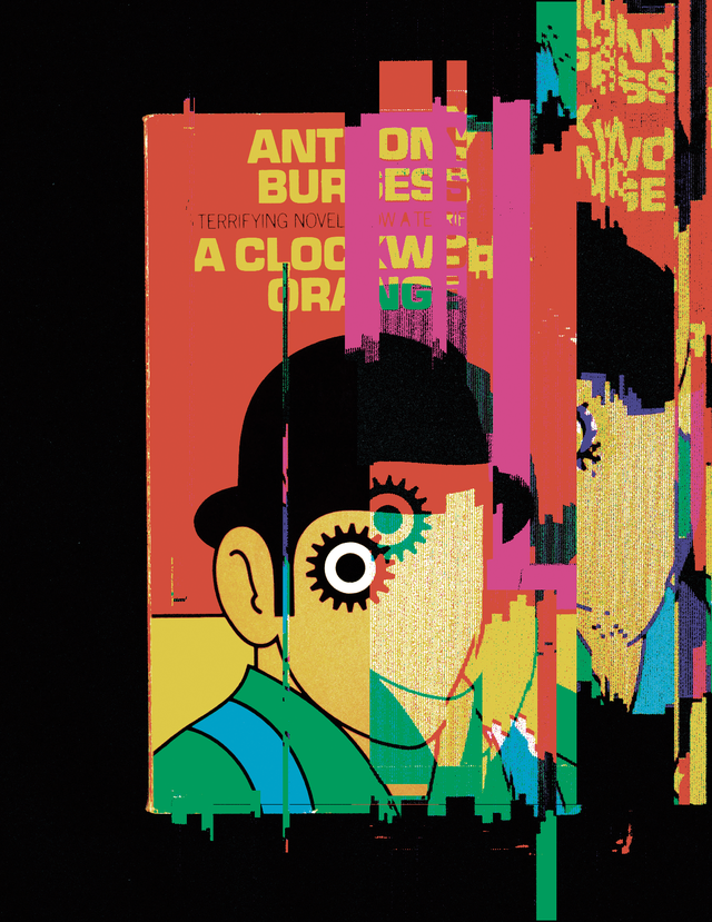 illustration with cover of book 'A Clockwork Orange' disintegrating into digital noise on black background