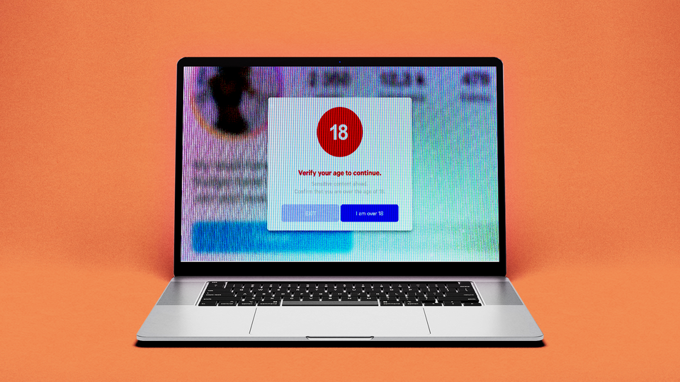 Photo illustration of laptop with a pop-up of an age-confirmation warning