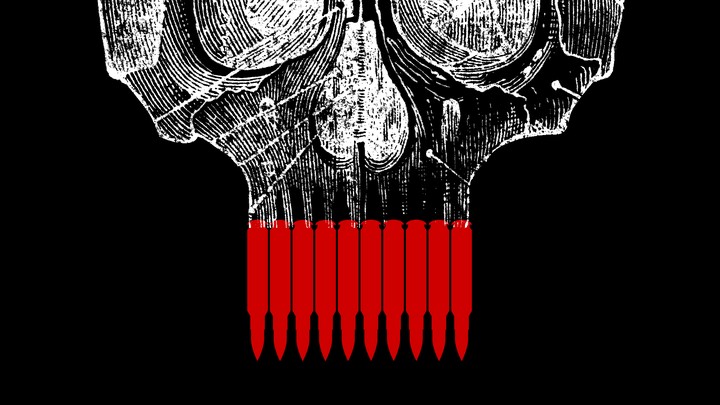 A skull with AR-15 bullets for teeth