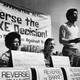 A black and white photograph of opponents of the Bakke Supreme Court decision