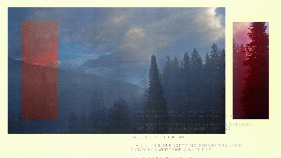 illustration with photographs of forest with hill and cloudy sky, text from poem, overlaid with red translucent rectangle on yellow background