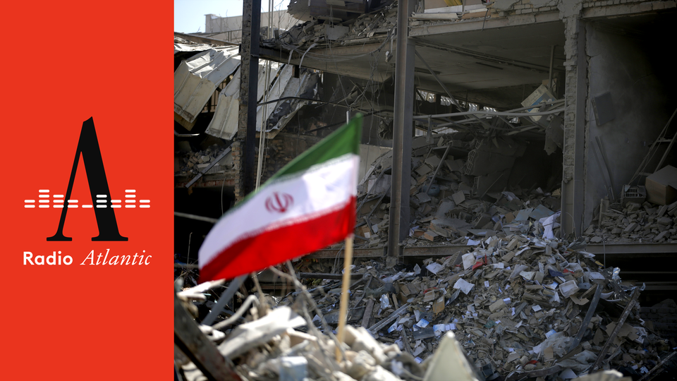 A diptych showing the Radio Atlantic logo on the left, and, on the right, a color photograph of an Iranian flag planted amongst scattered debris near a building in ruins.