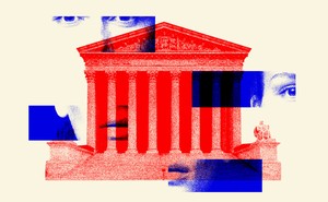 A photo illustration of the Supreme Court building in a red hue and blue cutouts of a woman's face