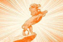 An illustration of a powerful lion on the edge of a cliff