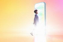 A woman walking into an iPhone screen