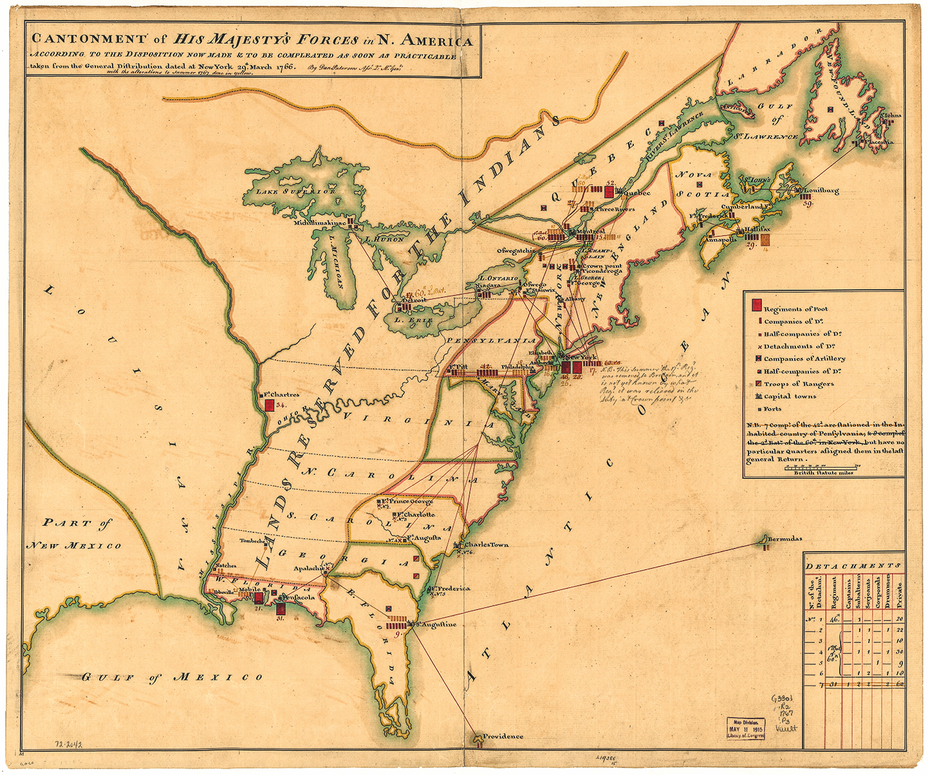 historical parchment map dated 1766 of the U.S. east coast with various inked colors along borders and lakes, with the thirteen colonies and a large label across the entire western boundary, from gulf coast to present-day Canada, that reads LANDS RESERVED FOR THE INDIANS