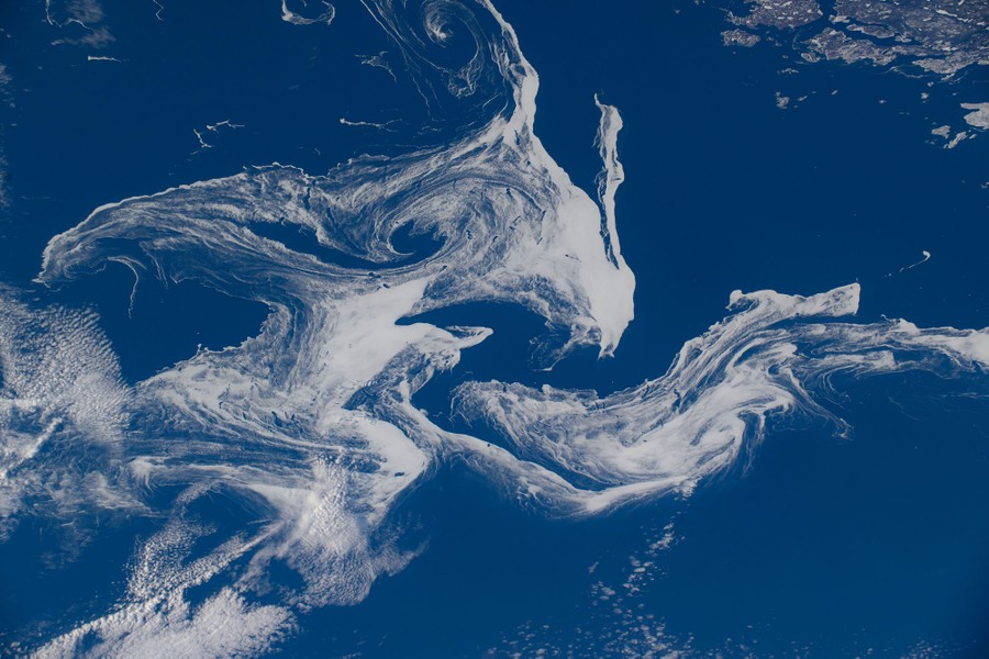 An orbital view of swirling flows of many small ice chunks in the ocean