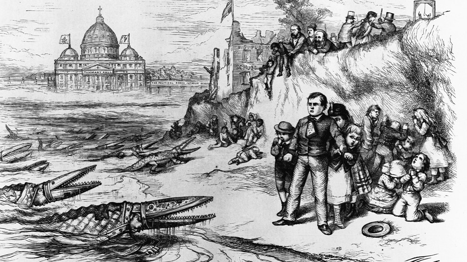 A cartoon by Thomas Nast depicting Catholic bishops as crocodiles eager to gobble up American schoolchildren. It first appeared in Harper's Weekly on September 30, 1871.
