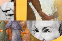 A collage of Margaret Atwood's face in black and white interspersed with paintings in color of people holding hands