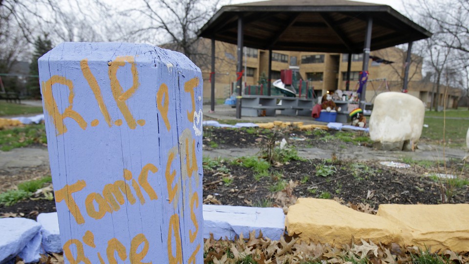 A memorial and tributes sit in a park in Cleveland where Tamir Rice was shot and killed by a police officer.