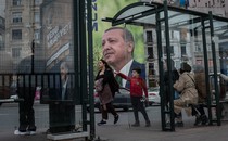 A photo of a poster of Turkey's President Recep Tayyip Erdoğan in Istanbul