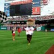 Washington Nationals mascot Teddy Roosevelt wins the presidents' race, a home game tradition at Nationals Park in Washington, D.C.