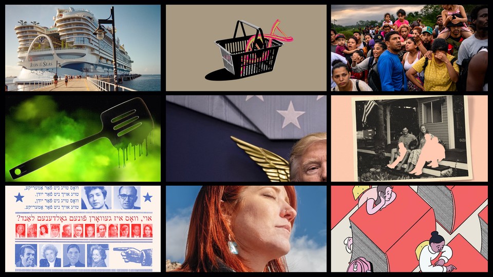 A collage of nine images from major Atlantic stories published in 2024. Top row LR (Icon of the Seas cruise ship, illustration with DNA strands in a shopping basket. Photograph of migrants waiting in Bajo Chiquito village to board boats, canoes) Center row LR (Illustration of a black paddle melting on an eerie green background. Trump's headshot Image of a family sitting on a balcony with missing children.) Bottom row LR (Illustration of Jewish-American figures. Photograph of a woman with her eyes closed in the sunlight Illustration of a cartoon student sitting at a table that looks like a pile of books)
