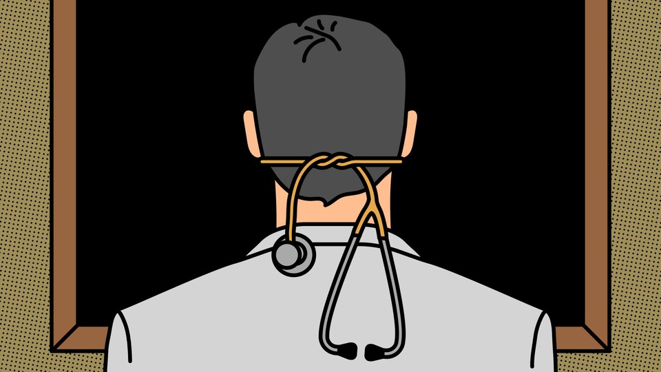 An illustration of a doctor with a stethoscope tied around his head