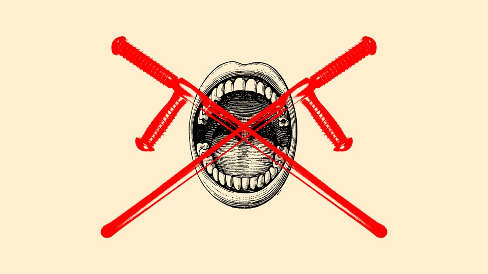 An illustration of an open mouth with an X over it.