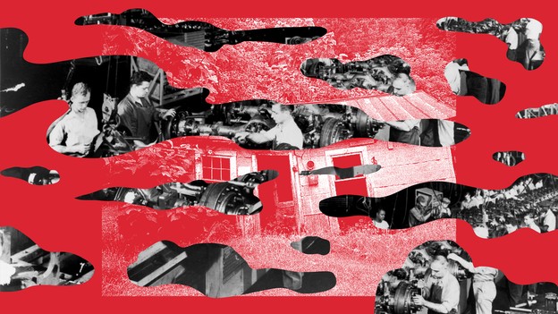 llustration of black-and-white photos of factory workers set against a red background