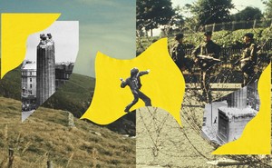 Collage showing soldiers, barbed wire, the damaged Nelson's Pillar, and a man preparing to throw an object