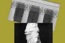 Image of the Supreme Court building and the bottom half of a sculpture of a woman