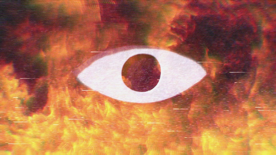 A digital and pixelated image of an eye with a raging fire behind it